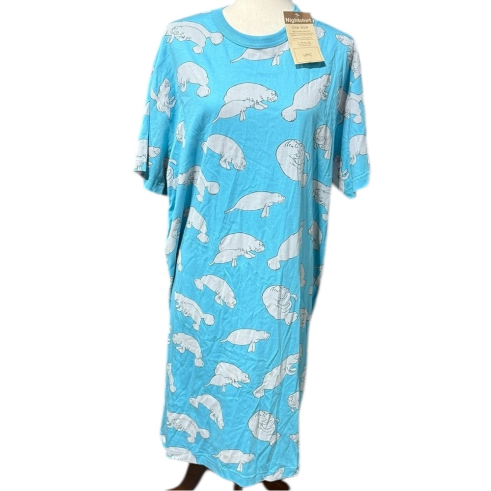 Lazy One Manatee Turquoise Night Gown One Size Sleep Shirt Cotton Comfort NWT